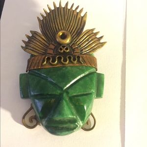 Vintage Mexico Brass Aztec God Mask Pendant